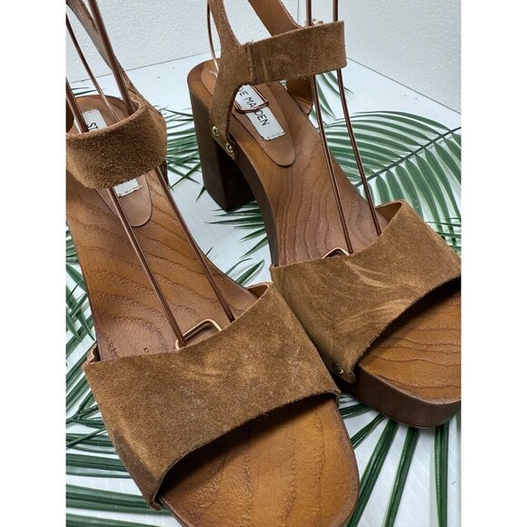 Steve Madden Women's Brown Buena—Bueno Wooden Strappy Block Heel Sandals Size 10 - Picture 4 of 12